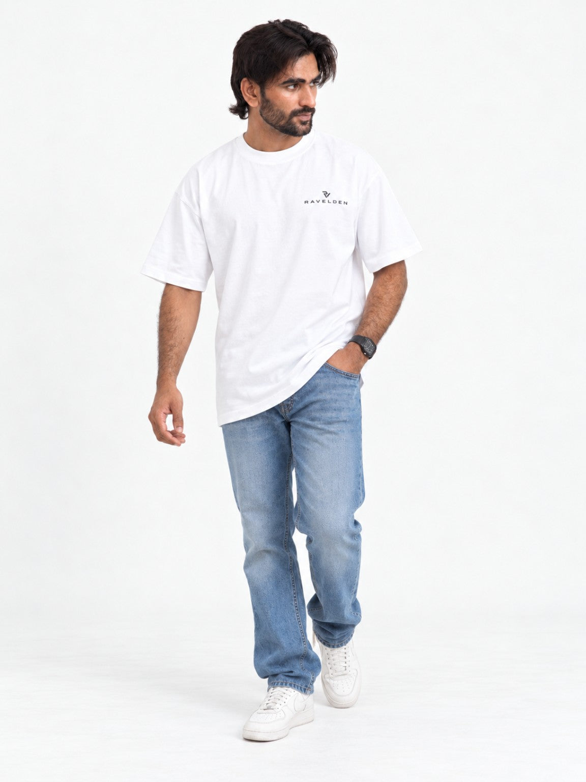 Apex 07 Tee white oversized tee front view on model