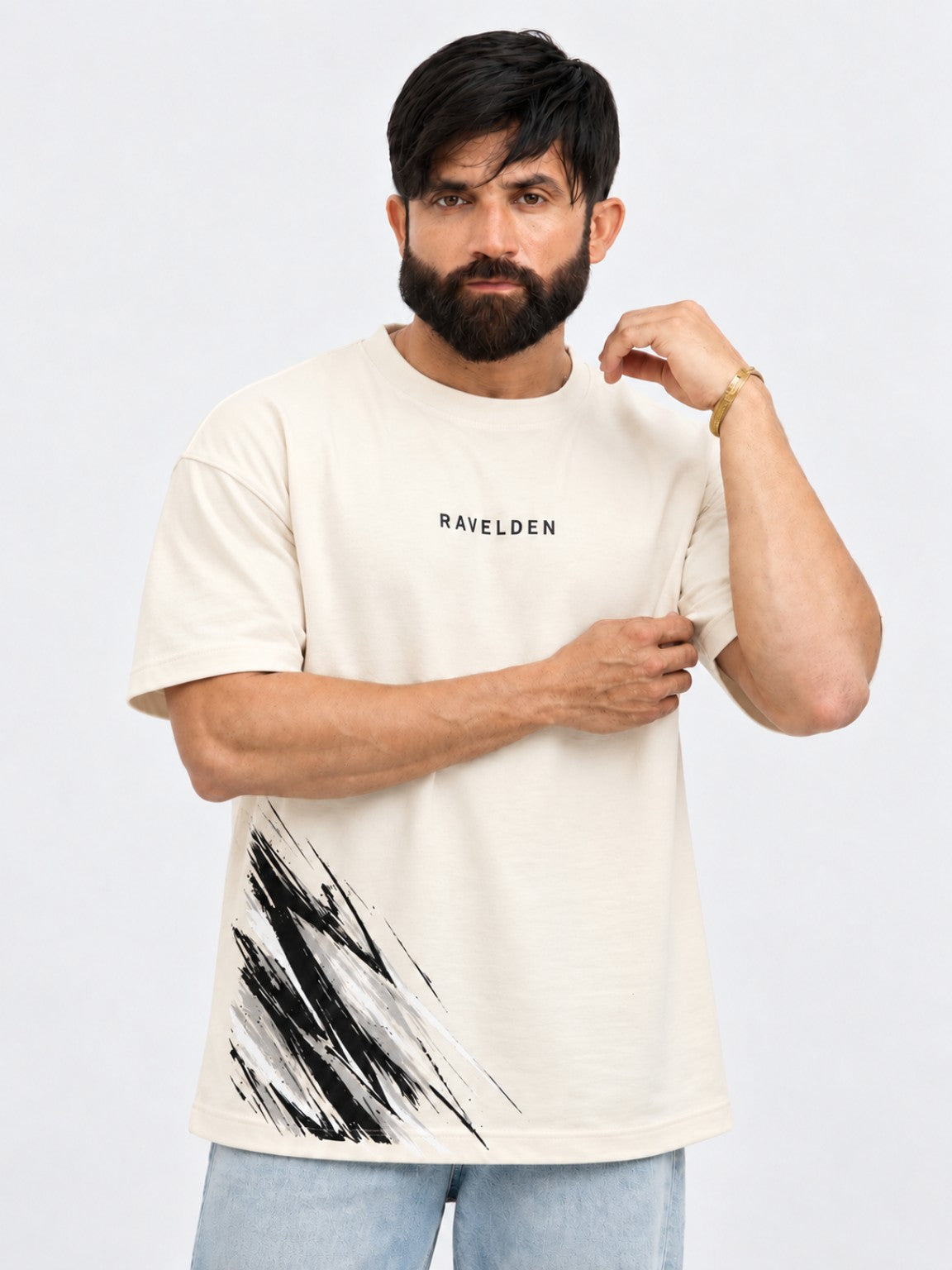 Brushline Tee cream oversized tee front model view