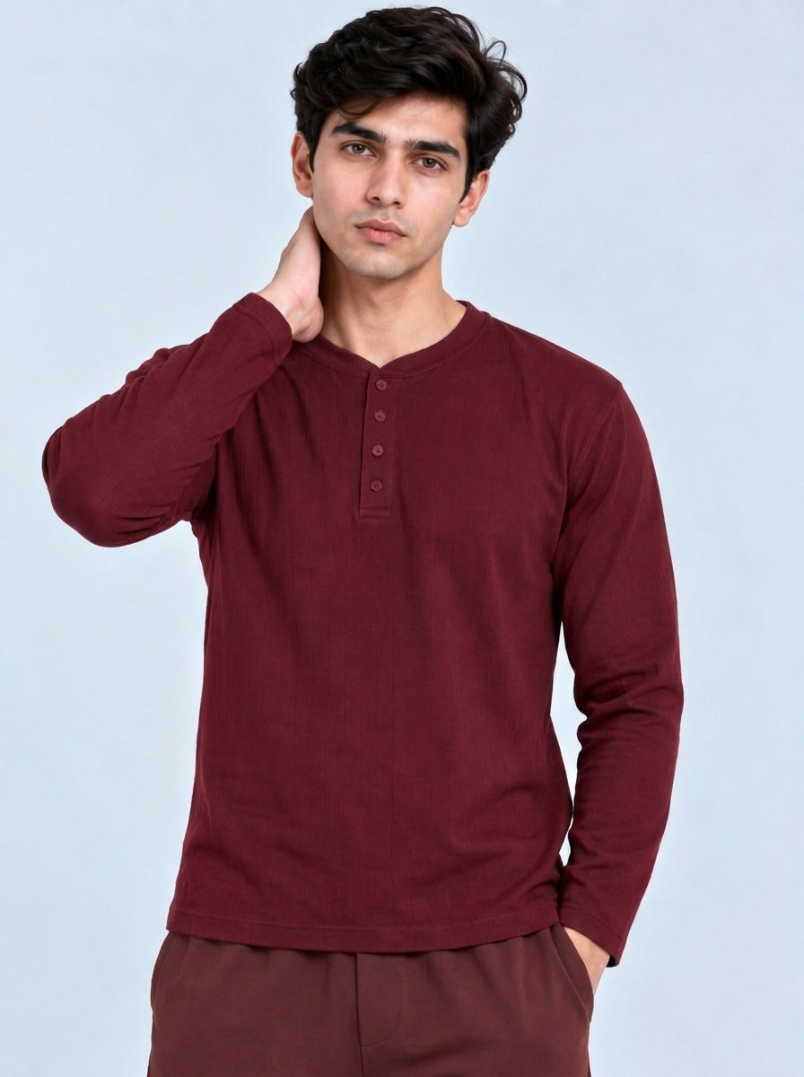 Rowan Henley Burgundy arms-crossed view