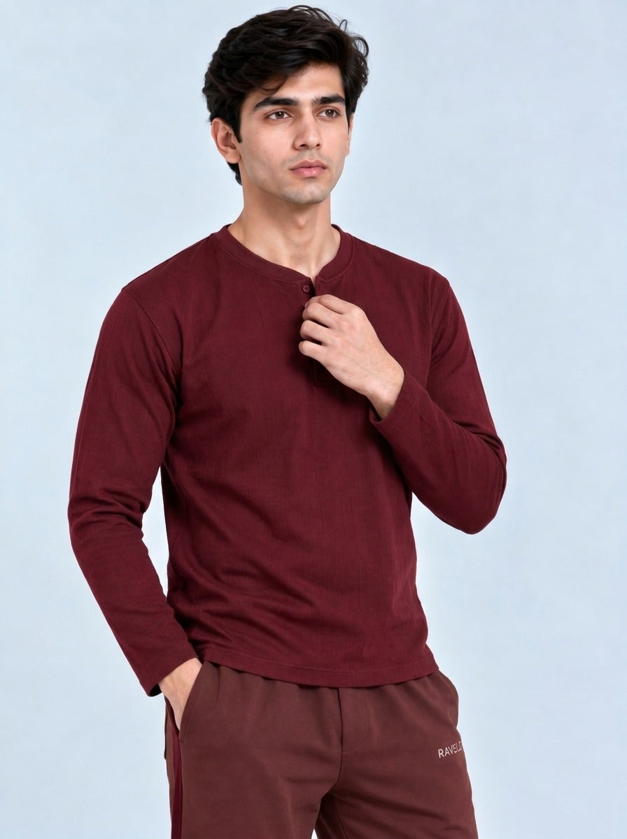 Rowan Henley Burgundy neckline detail