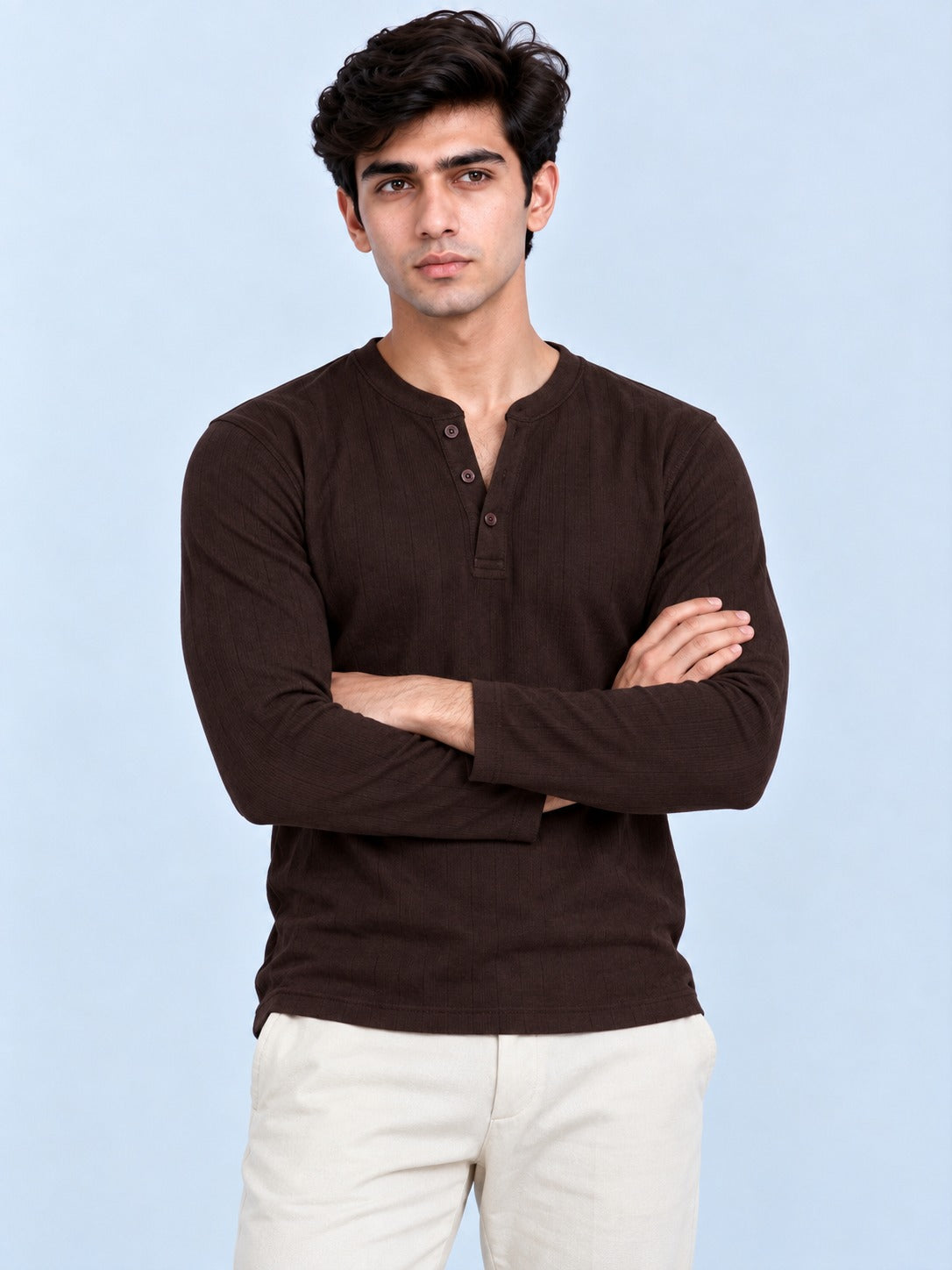 Rowan Henley Espresso Brown arms-crossed view