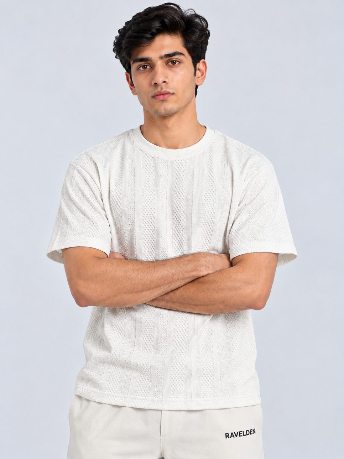 Strata Tee ivory textured short sleeve tee on model