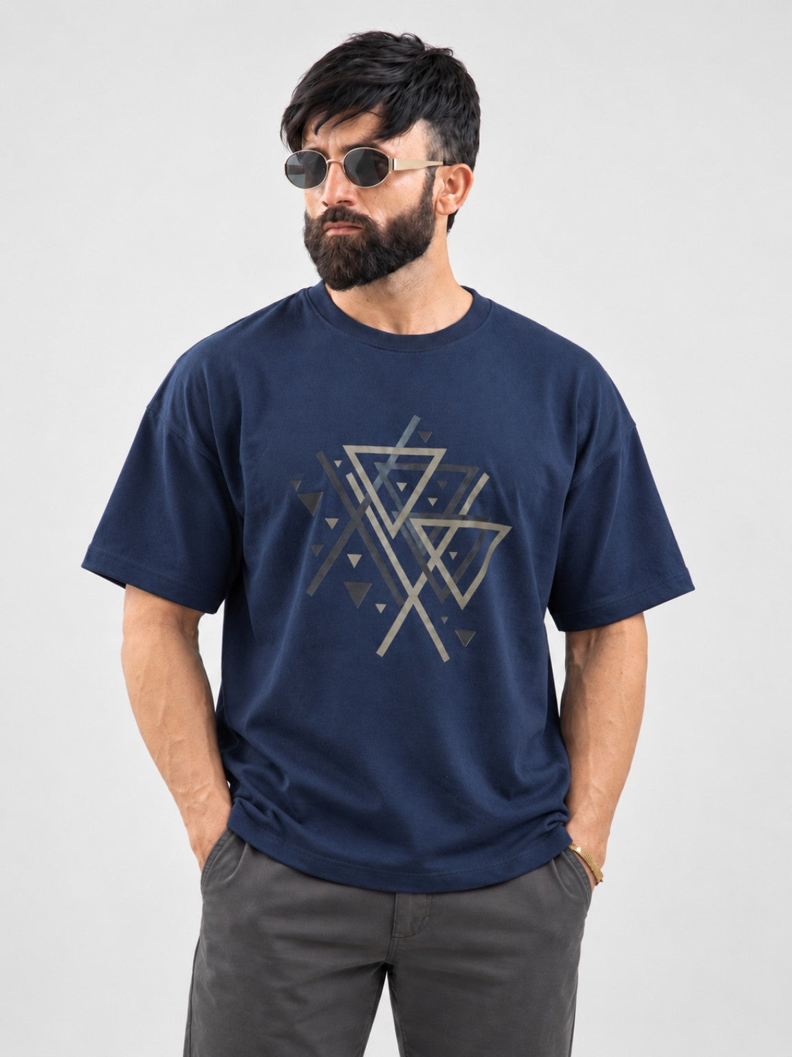 Triad Tee navy oversized tee full front view on model