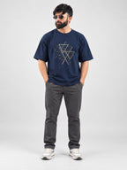 Triad Tee navy oversized tee full body studio view